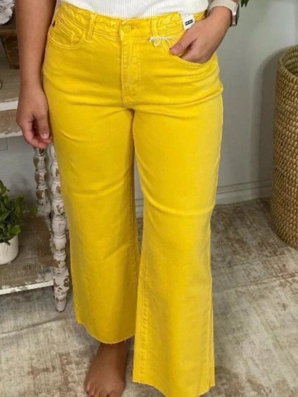 Judy Blue Yellow High Rise Braided Waist Wide Leg Crop Jeans NWT
